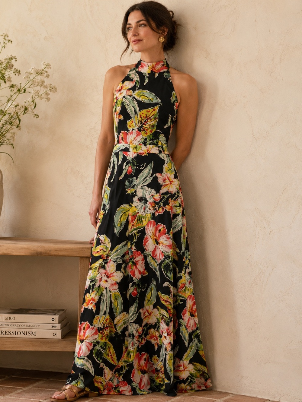 Nicole Miller Hibiscus Print Satin Floral Halter Maxi Dress Size 12 - Picture 3 of 12